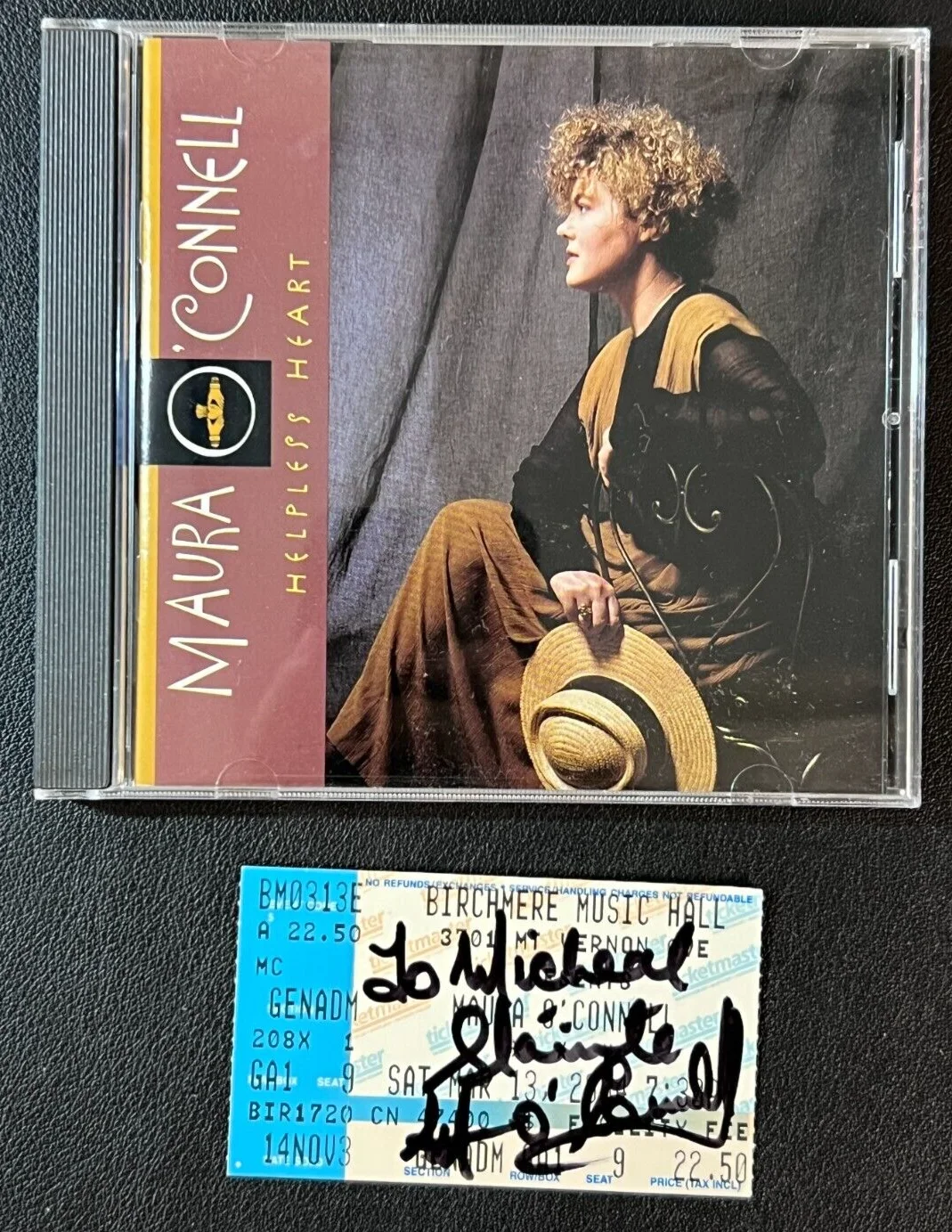 Maura O'Connell — Maura O'Connell Signed Concert Ticket (Personal.) AUTO w/CD 'Helpless Heart' VTG
