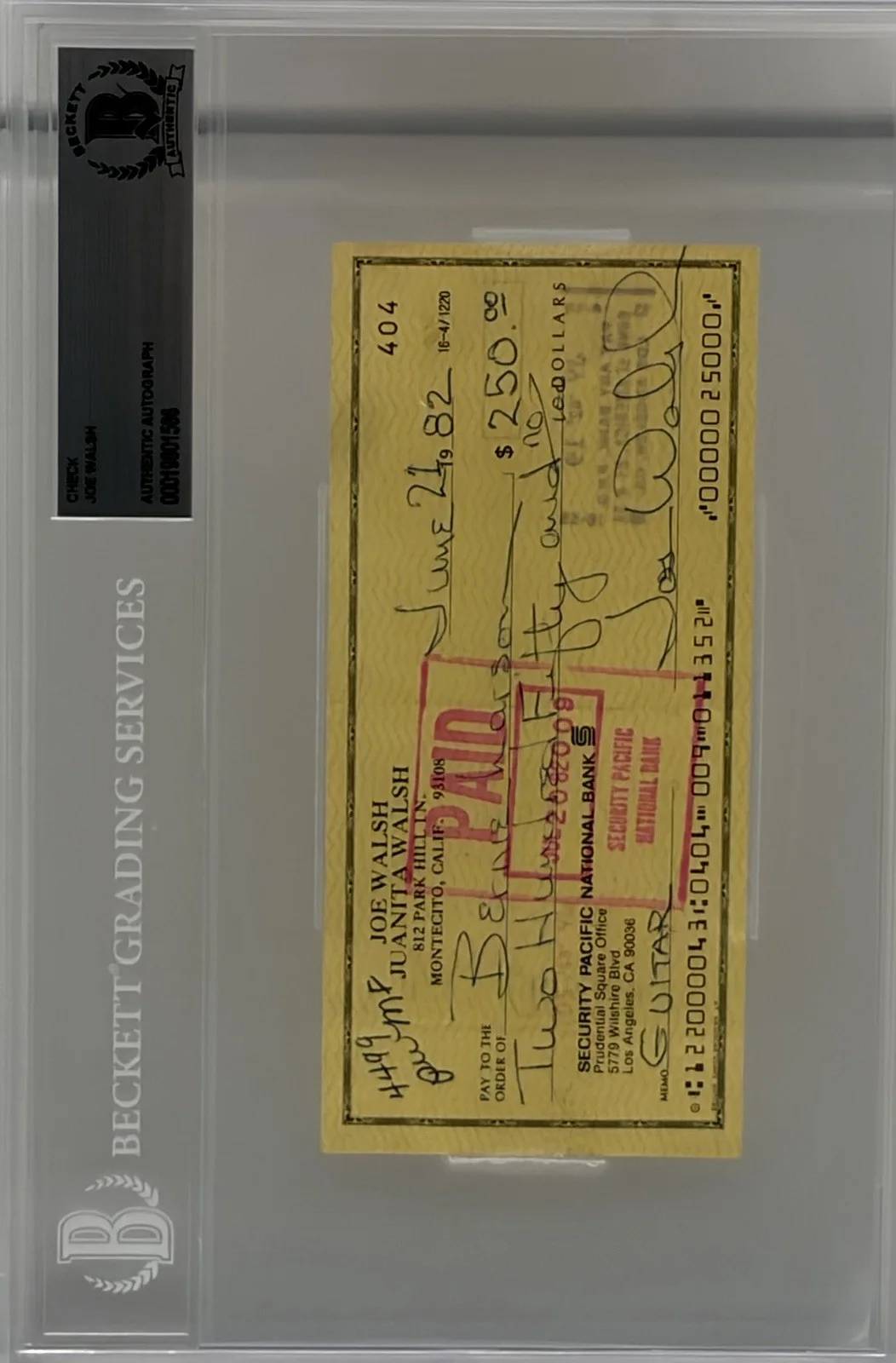 Joe Walsh The Eagles Signed Autograph Personal Check BAS Beckett Encapsulated, image 2