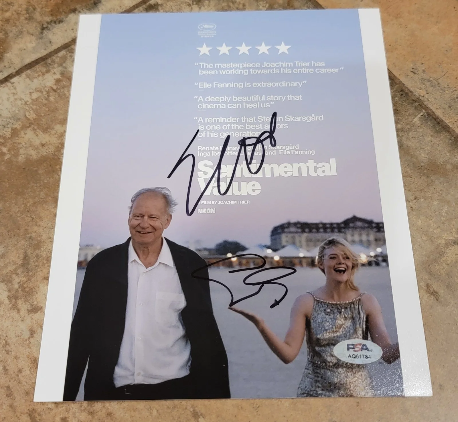 Elle Fanning, Stellan Skarsgård — Stellan Skarsgard Elle Fanning signed 8x10 photo PSA DNA Sentimental Value