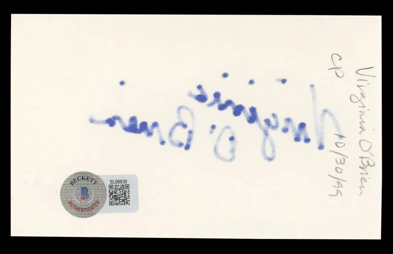 Virginia O'Brien — Virginia O'Brien The Harvey Girls Authentic Signed 3x5 Index Card BAS #BL98838, image 2