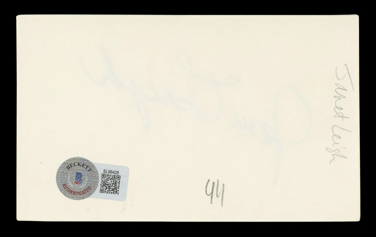 Janet Leigh — Janet Leigh Psycho Authentic Signed 3x5 Index Card Autographed BAS #BL96428, image 2