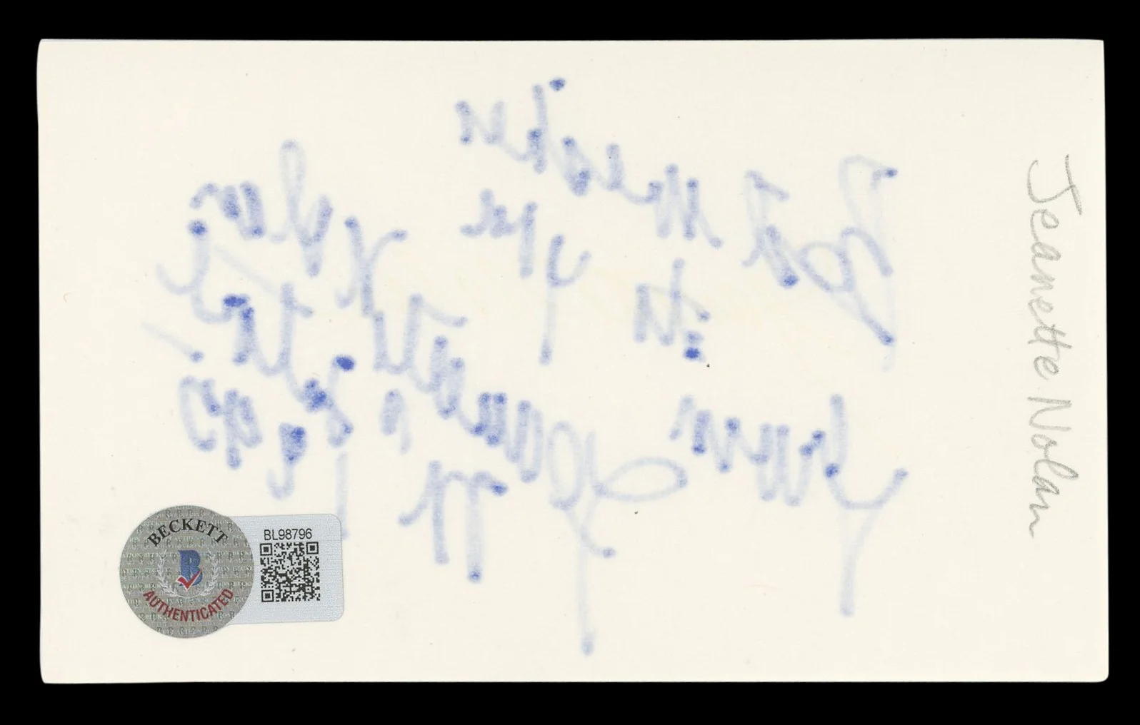 Jeanette Nolan — Jeanette Nolan Man Who Shot Liberty Valance Signed 3x5 Index Card BAS #BL98796, image 2