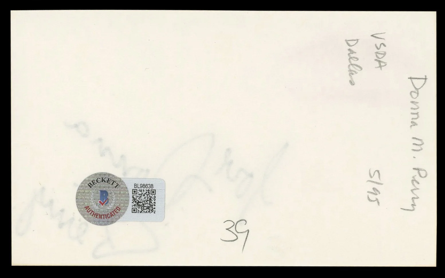 Donna M. Perry — Donna M. Perry Playboy "Love" Authentic Signed 3x5 Index Card BAS #BL98638, image 2