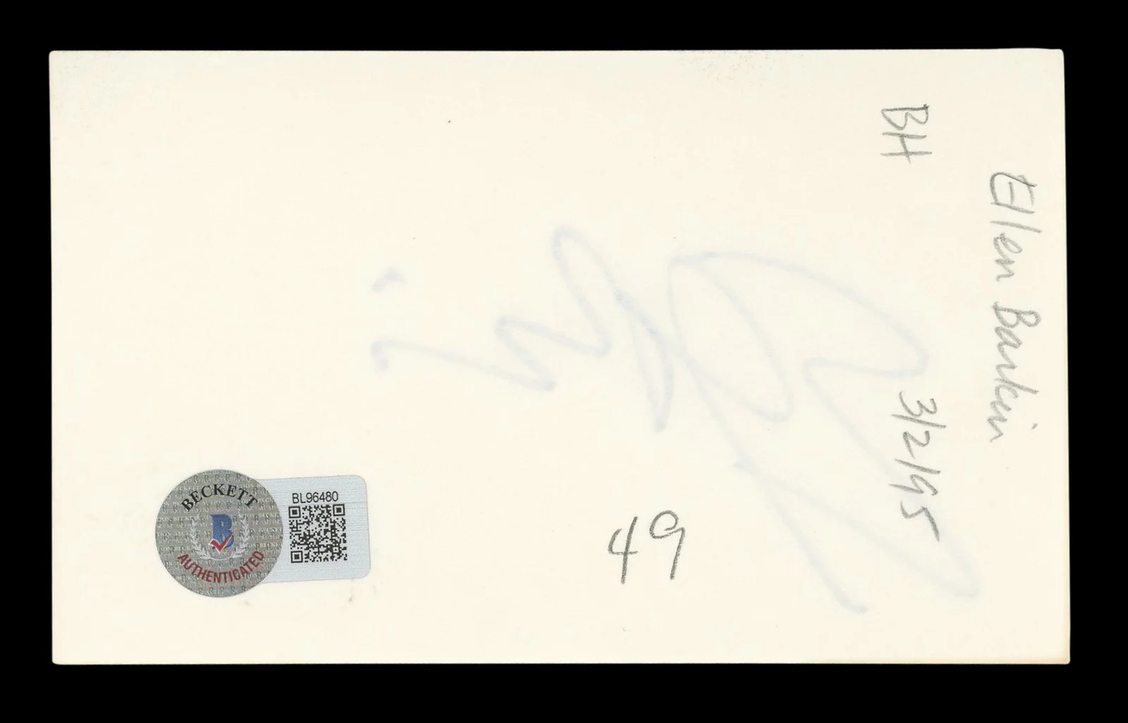 Ellen Barkin — Ellen Barkin Sea of Love Authentic Signed 3x5 Index Card BAS #BL96480, изображение 2