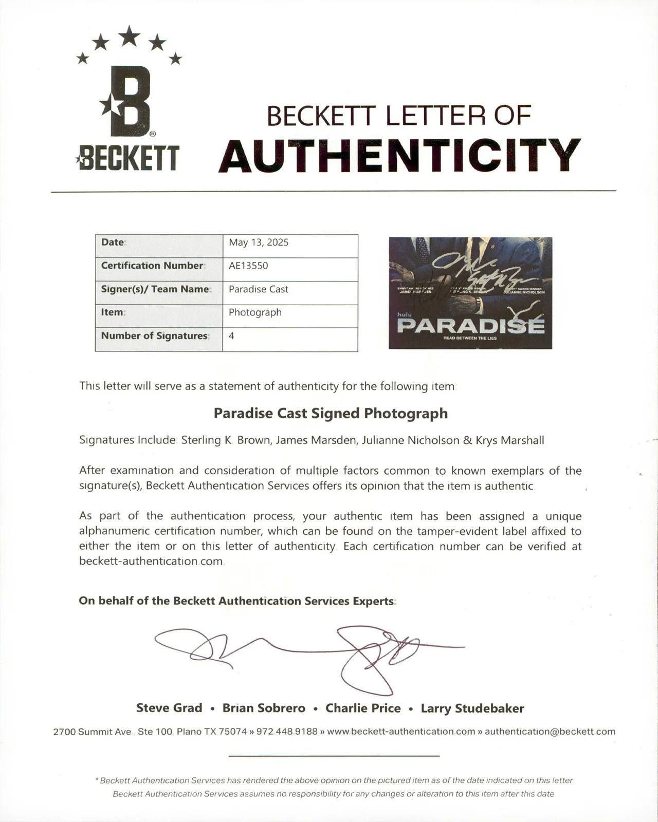 Sterling K. Brown, James Marsden, Julianne Nicholson, Krys Marsh — Paradise (4) Brown, Marsden, Nicholson, Marshall Signed 11x14 Photo BAS #AE13550, изображение 2