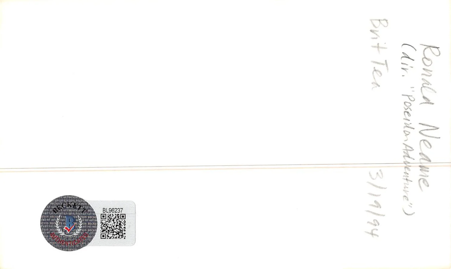 Ronald Neame — Ronald Neame The Poseidon Adventure "1994" Signed 3x5 Index Card BAS #BL96237, image 2