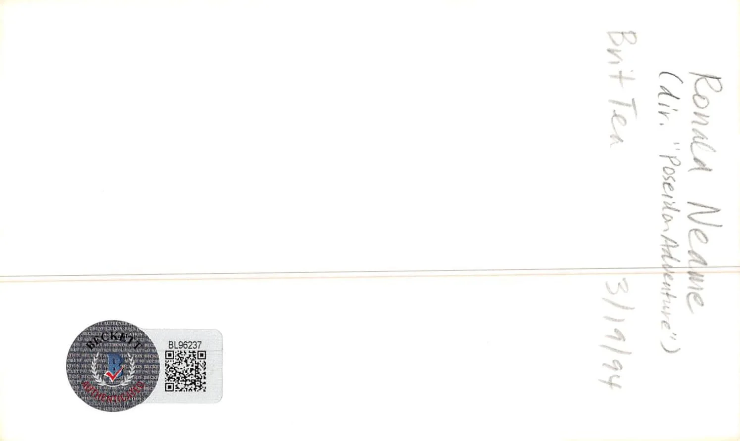 Ronald Neame — Ronald Neame The Poseidon Adventure "1994" Signed 3x5 Index Card BAS #BL96237, image 5
