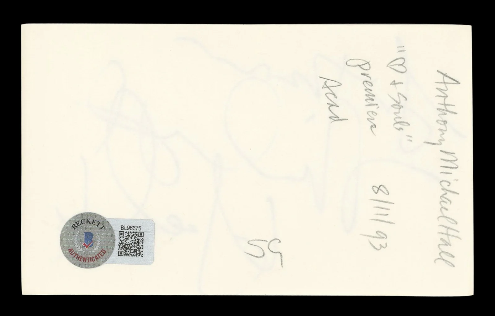 Anthony Michael Hall — Anthony Michael Hall The Breakfast Club Signed 3x5 Index Card BAS #BL96675, image 2