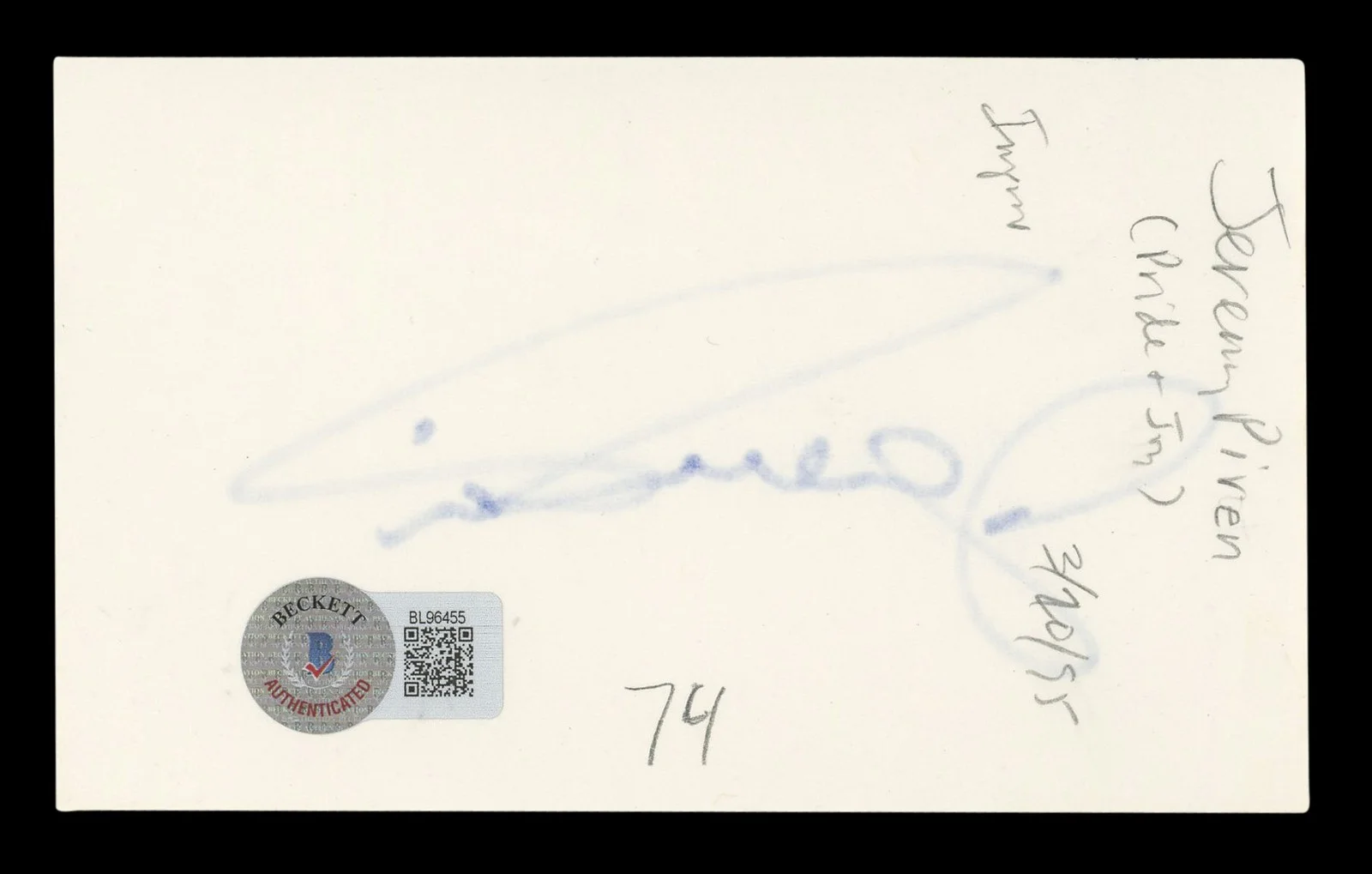 Jeremy Piven — Jeremy Piven Entourage Authentic Signed 3x5 Index Card Autographed BAS #BL96455, image 2