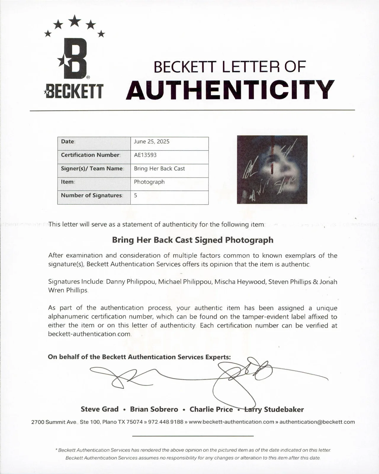 Danny Philippou, Michael Philippou, Mischa Heywood, Stephen Phill — Bring Her Back (5) Heywood, Phillips +3 Signed 11x14 Photo BAS #AE13593, image 2