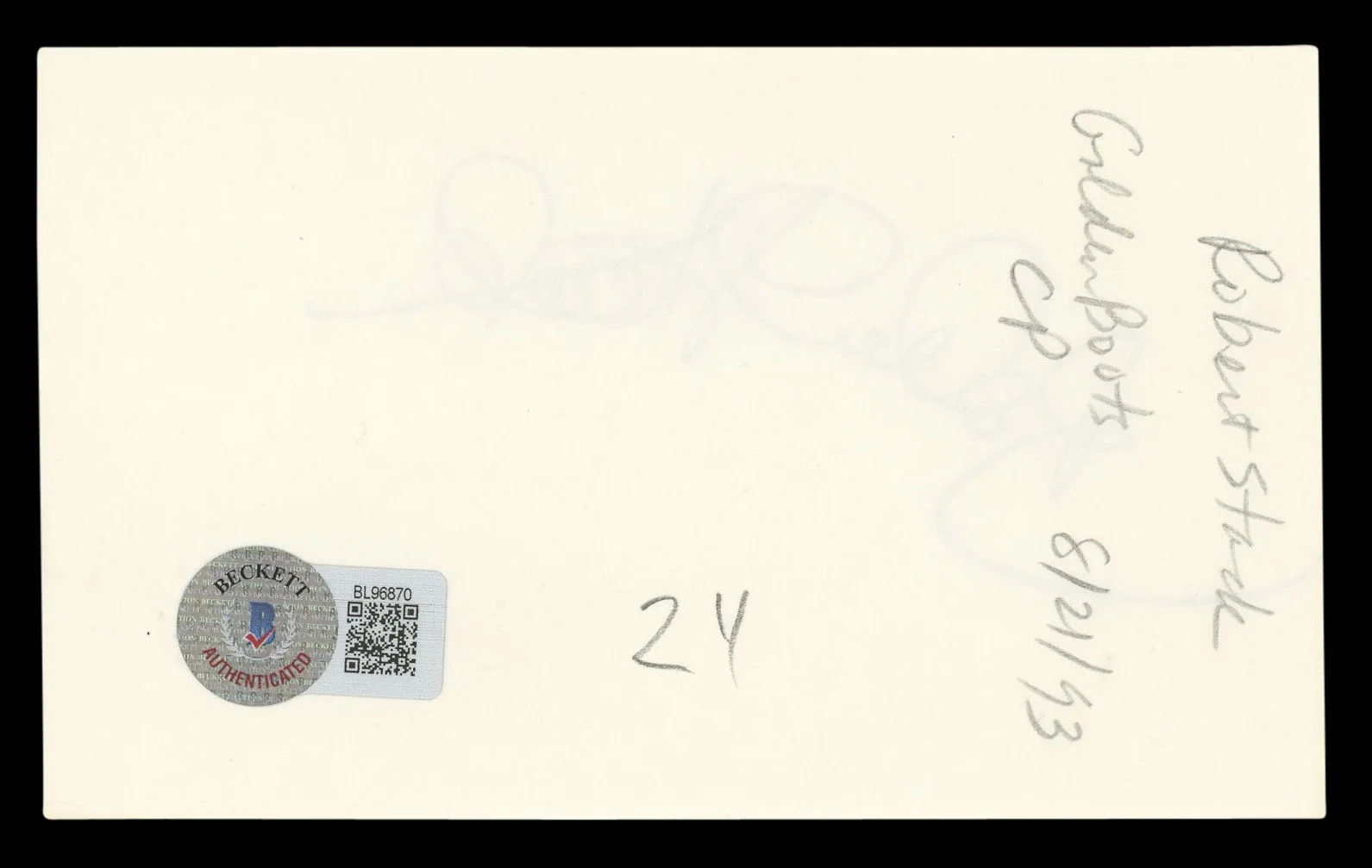 Robert Stack — Robert Stack Airplane! Authentic Signed 3x5 Index Card Autographed BAS #BL96870, image 2