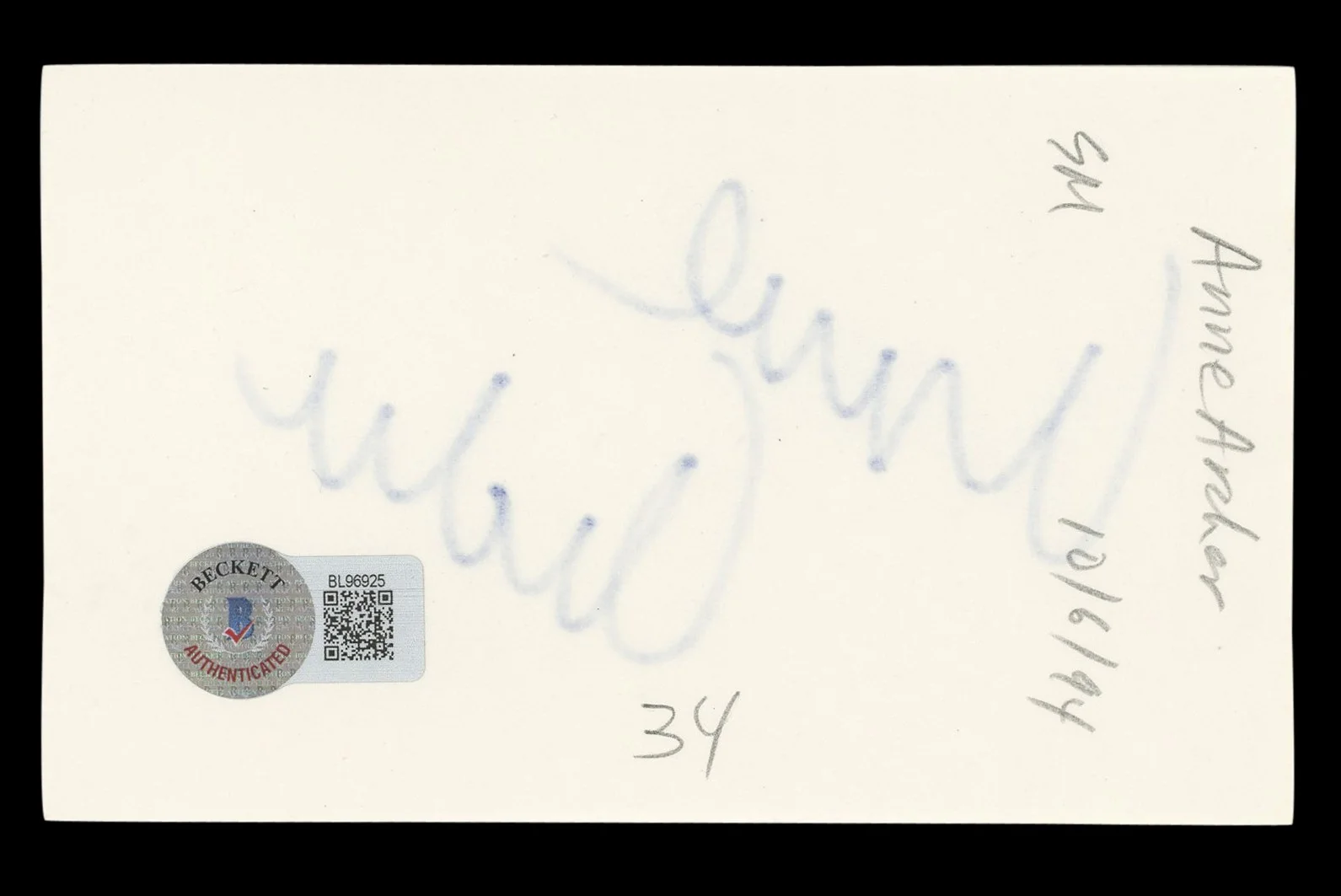 Anne Archer — Anne Archer Fatal Attraction Authentic Signed 3x5 Index Card BAS #BL96925, изображение 2