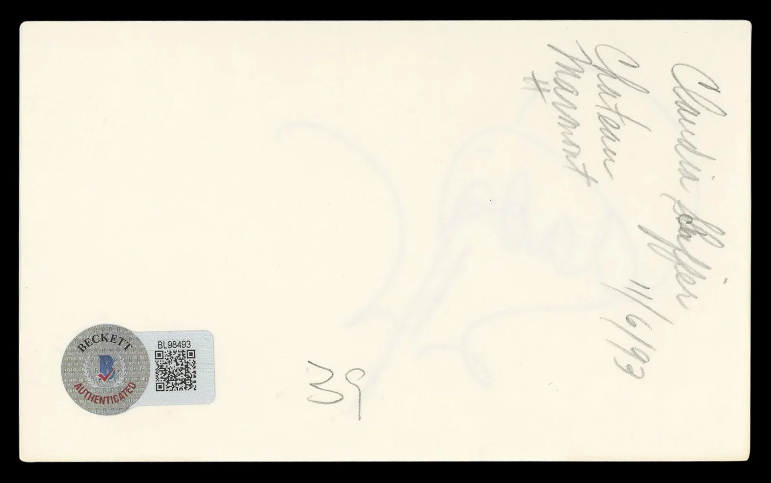 Claudia Schiffer — Claudia Schiffer Love Actually Authentic Signed 3x5 Index Card BAS #BL98493, image 2
