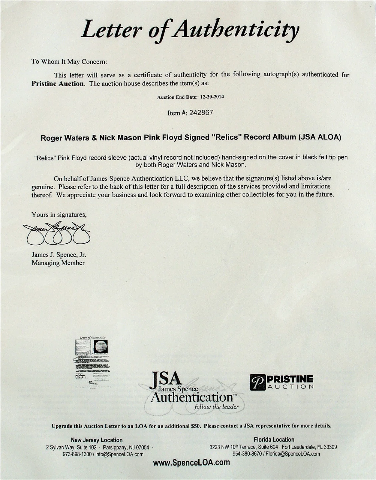 PINK FLOYD-Autographed RELICS Album Cover By Roger Waters & Nick Mason-JSA COA, изображение 3