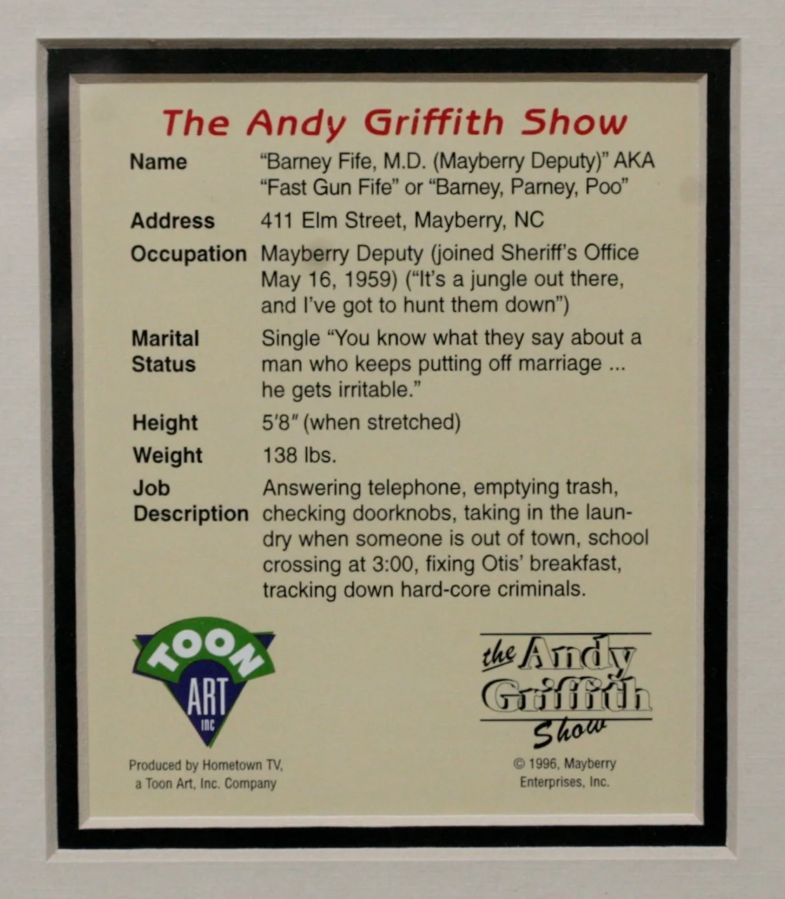 Don Knotts — Barney Fife Framed collection signed by Don Knotts w/COA, #7458/15,000, image 3