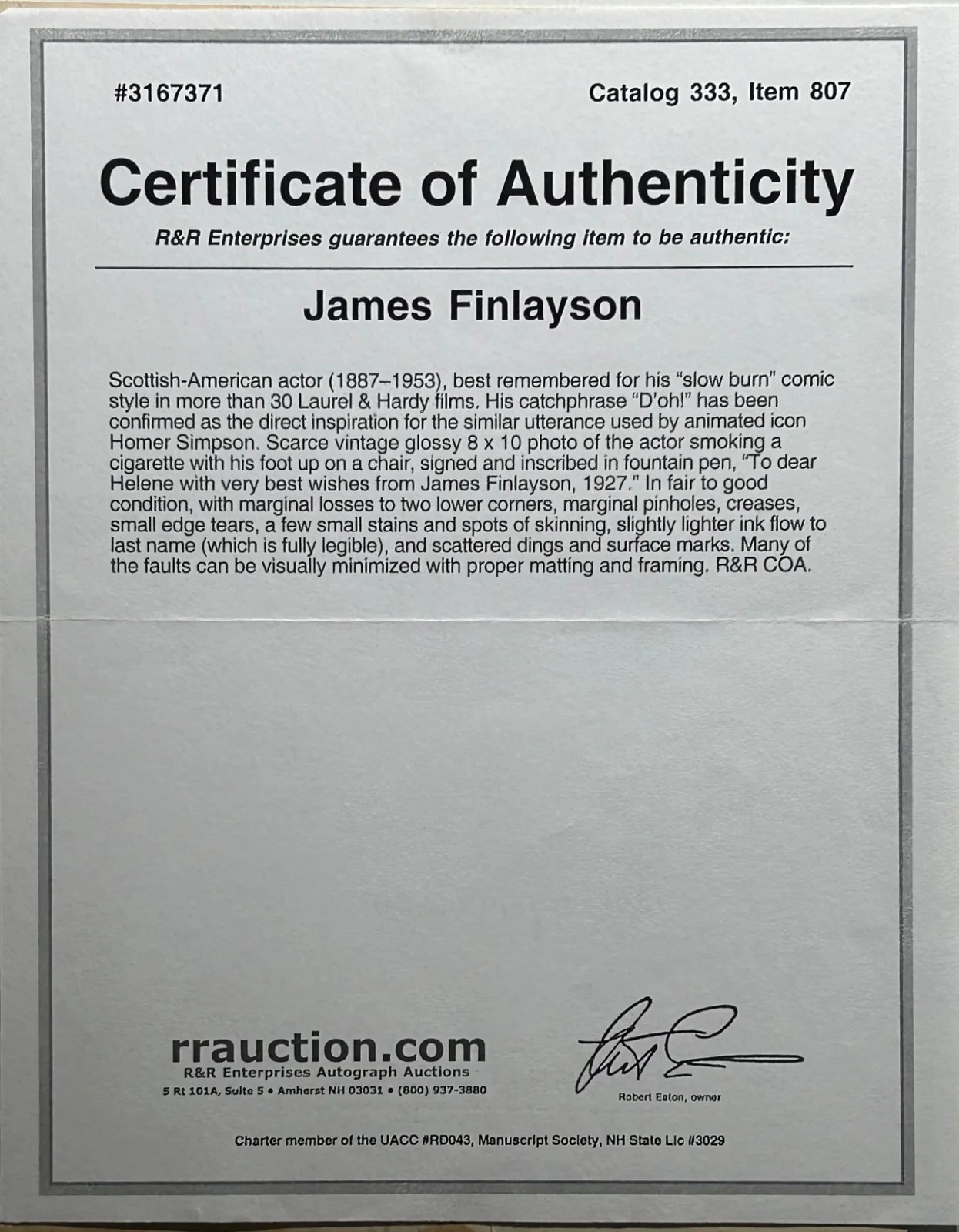 JAMES FINLAYSON—SIGNED PHOTO+COA—33Laurel+Hardy•Roach•Sennett•Lubitsch•Hitchcock, image 3