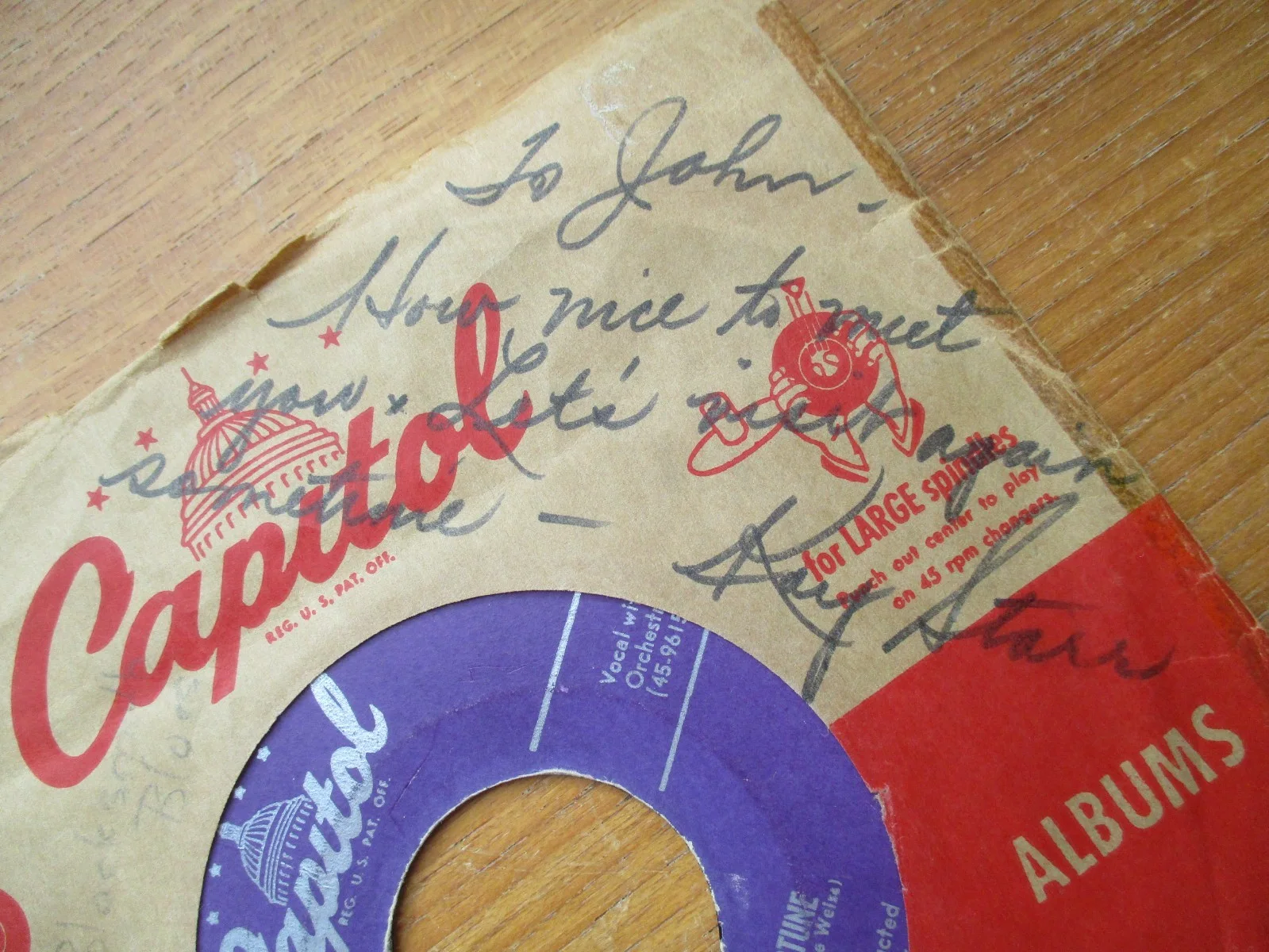 Kay Starr Wheel of Fortune 45 RPM signed on Sleeve RARE John Gilliland Estate, изображение 2