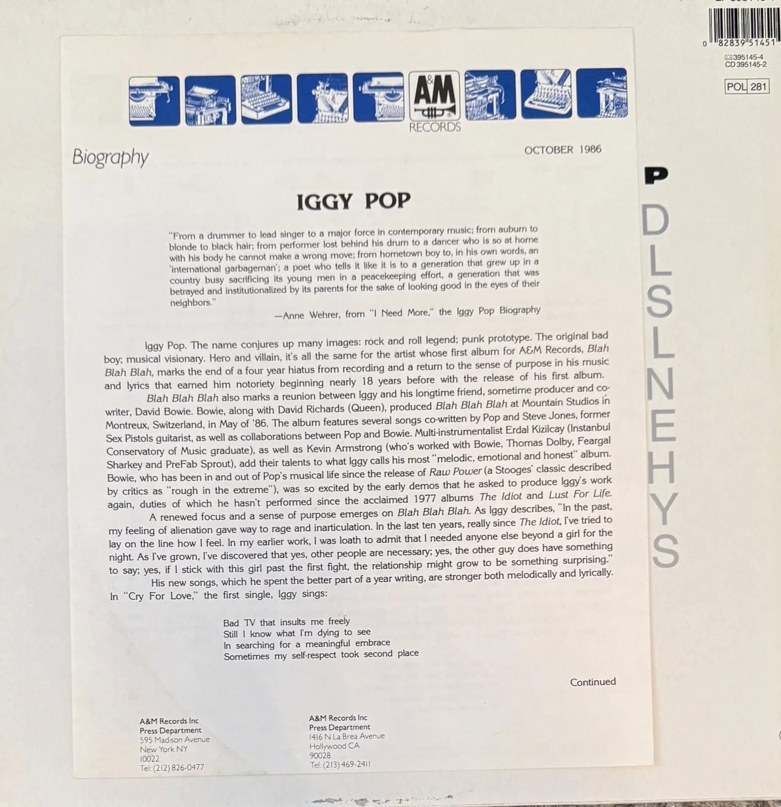 Iggy Pop : signed Blah Blah Blah autographed Lp vinyl ( The Stooges ), image 3