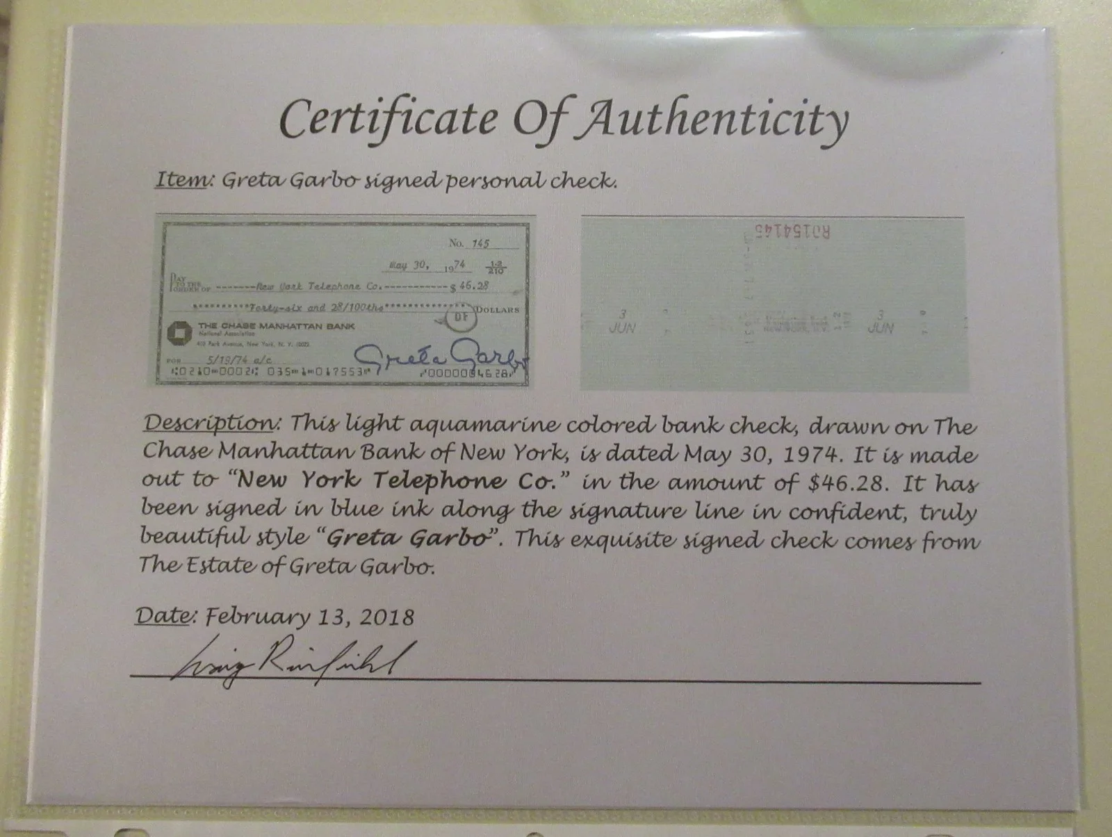 GRETA GARBO — GRETA GARBO SIGNED CHECK Autograph w/ COA the ESTATE OF GARBO signed by nephew, изображение 5
