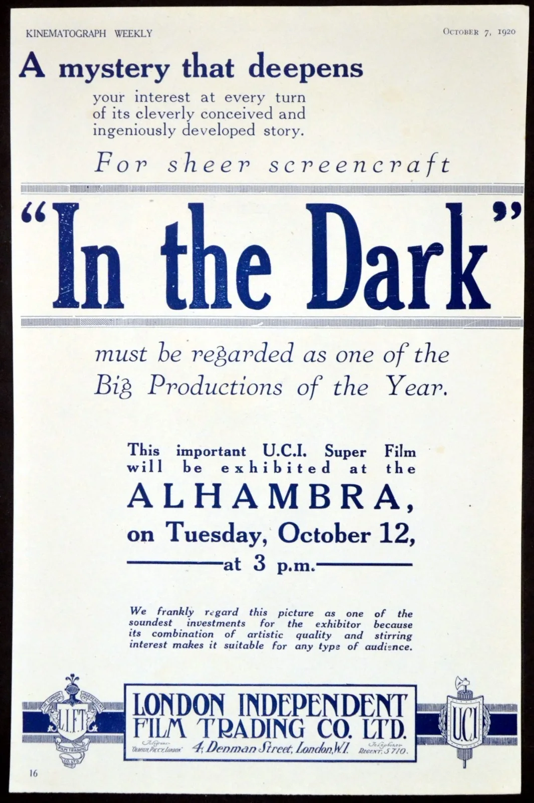 IN THE DARK 1919 Alberto Pasquali, Ria Bruna, Vasco Creti TRADE ADVERT, image 2