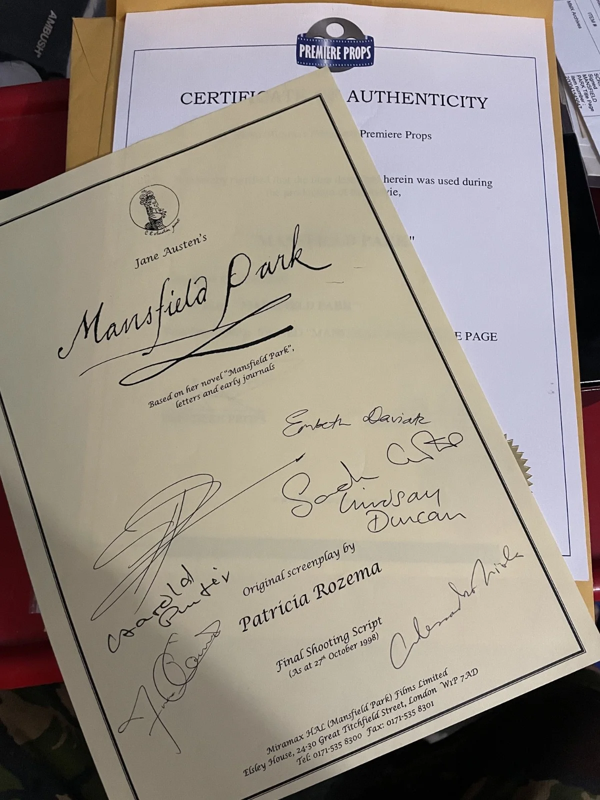 Sarah Burton, Lindsay Duncan, Alessandro Nivola, Harold Pinter — Miramax scripts signed MANSFIELD PARK Title page MOVIE CAST Authentic COA