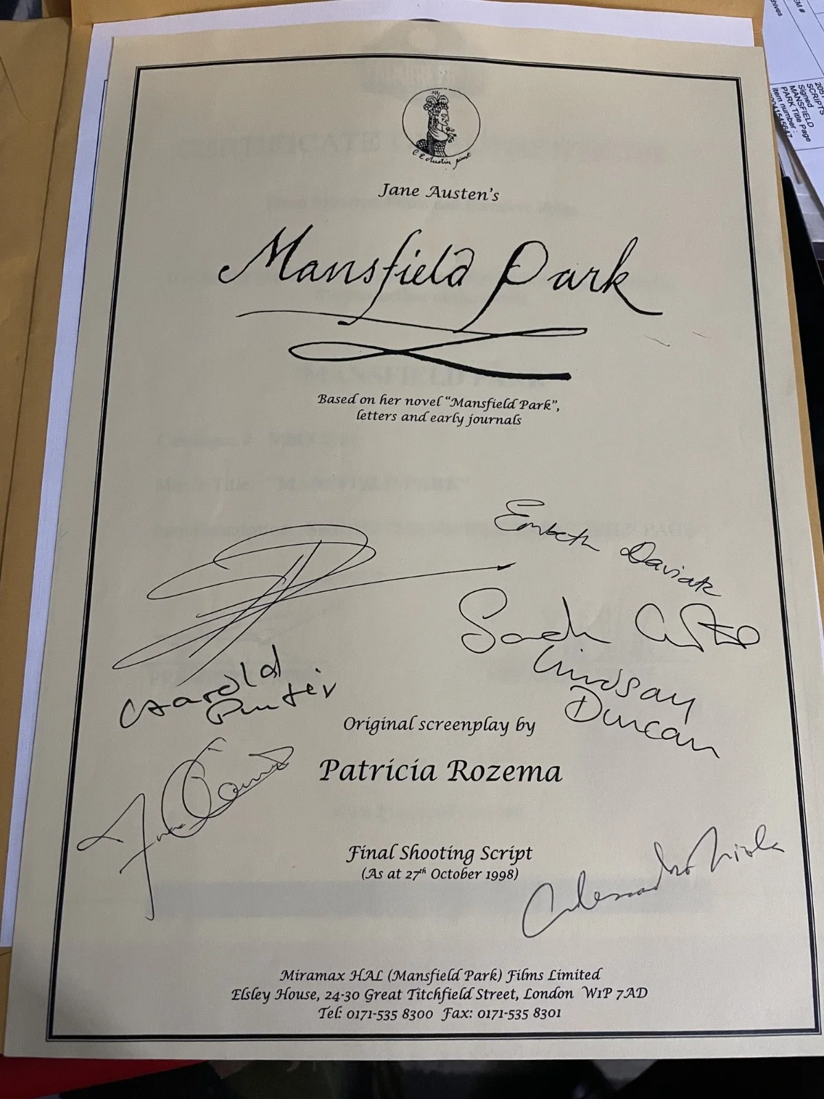 Sarah Burton, Lindsay Duncan, Alessandro Nivola, Harold Pinter — Miramax scripts signed MANSFIELD PARK Title page MOVIE CAST Authentic COA, image 2