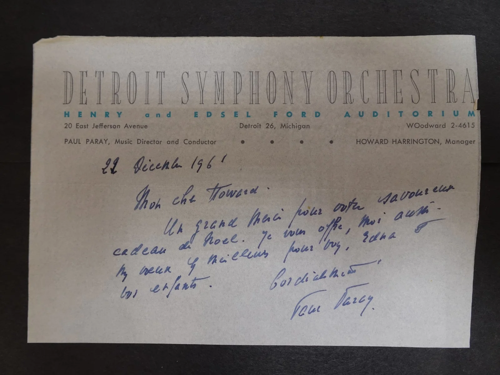 Paul Paray — Paul Paray French Conductor Autograph Letter to Symphony Manager Harrington 1961