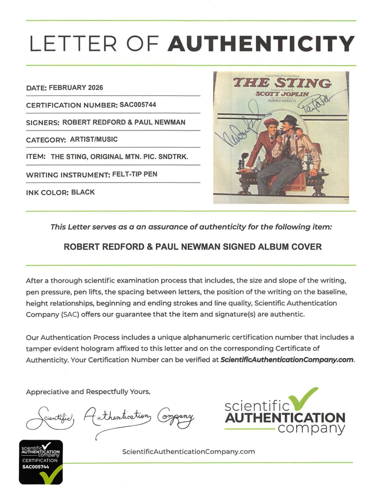 Sting Soundtrack Album Signed Paul Newman Robert Redford, image 3