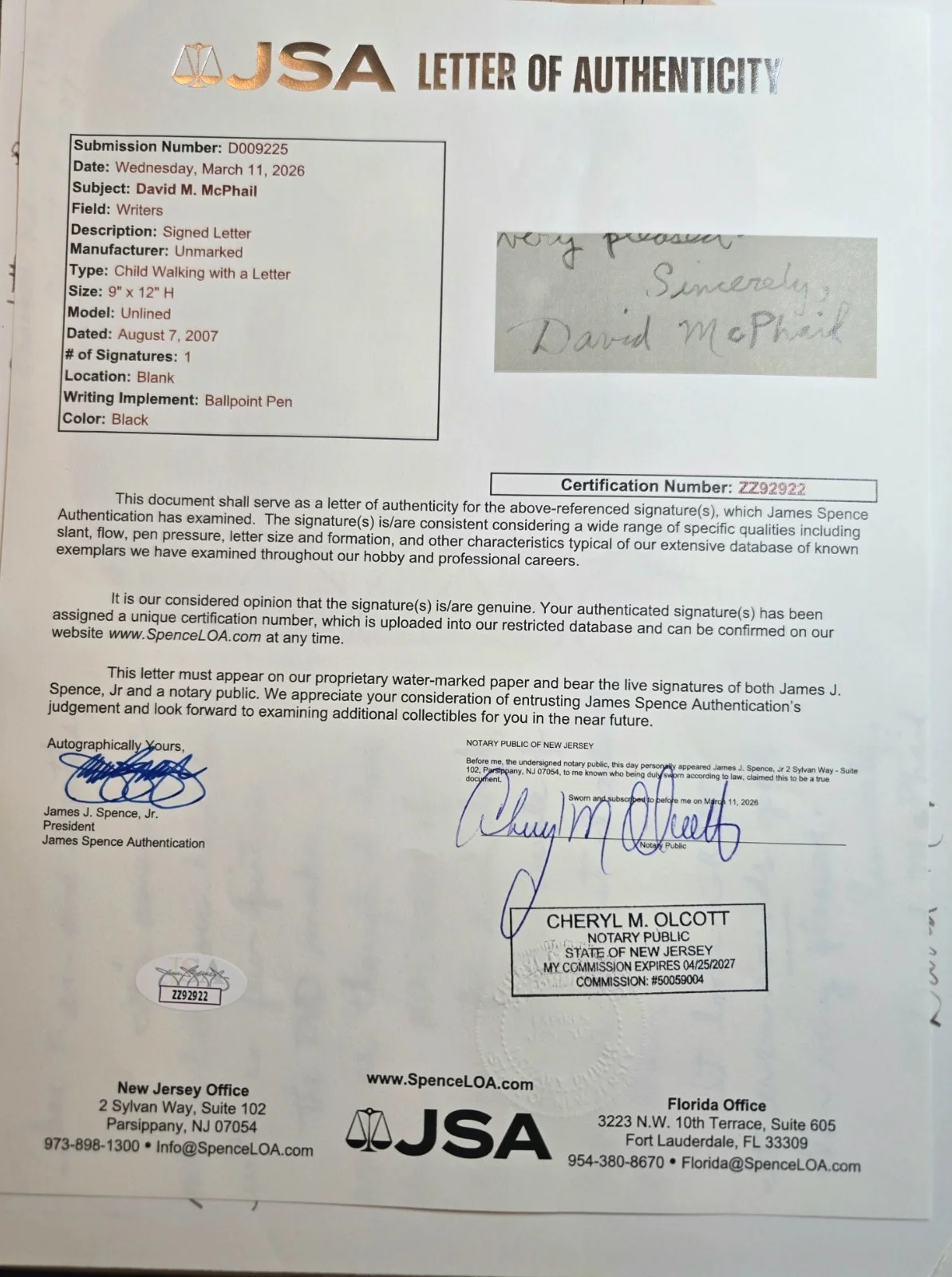 David McPhail — Signed David McPhail Letter w/ Original Art JSA LOA 2007 Children's Author, изображение 4