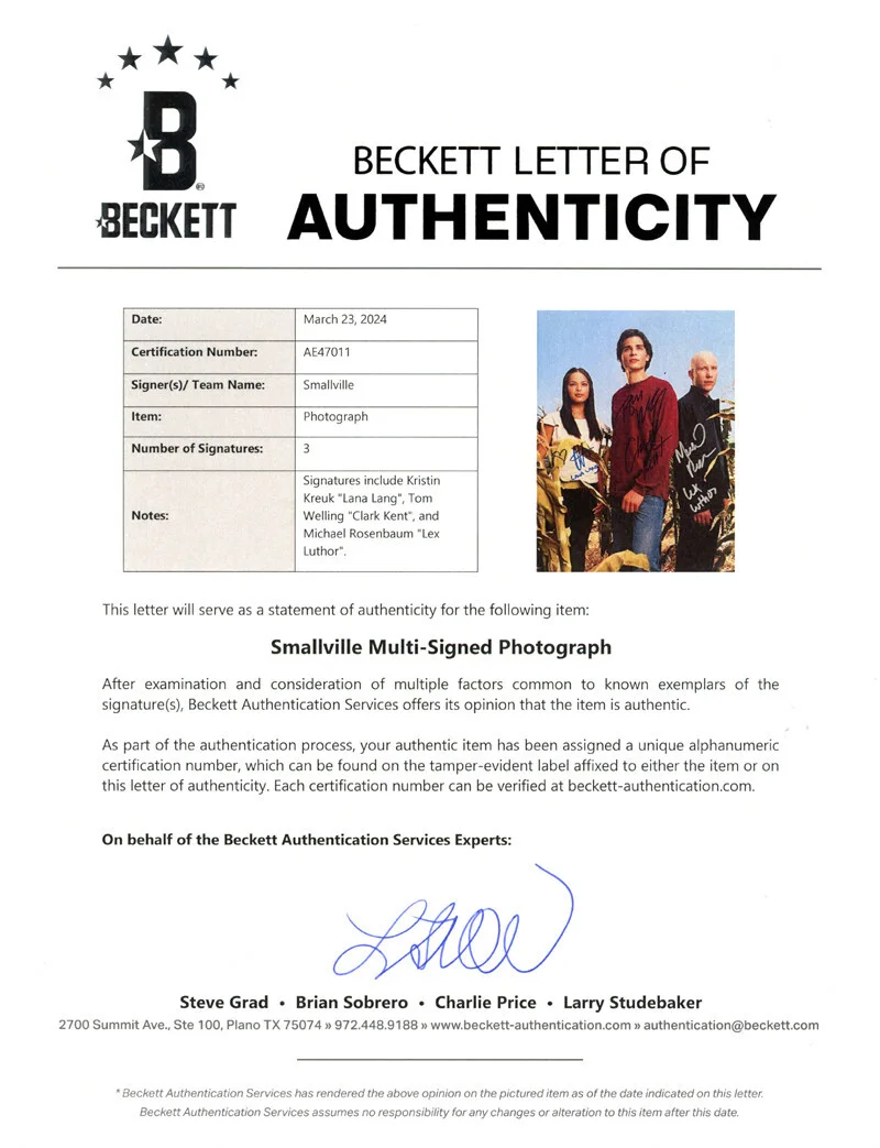 TOM WELLING KRISTIN KREUK ROSENBAUM SIGNED 11x14 PHOTO SMALLVILLE BECKETT BAS, изображение 5