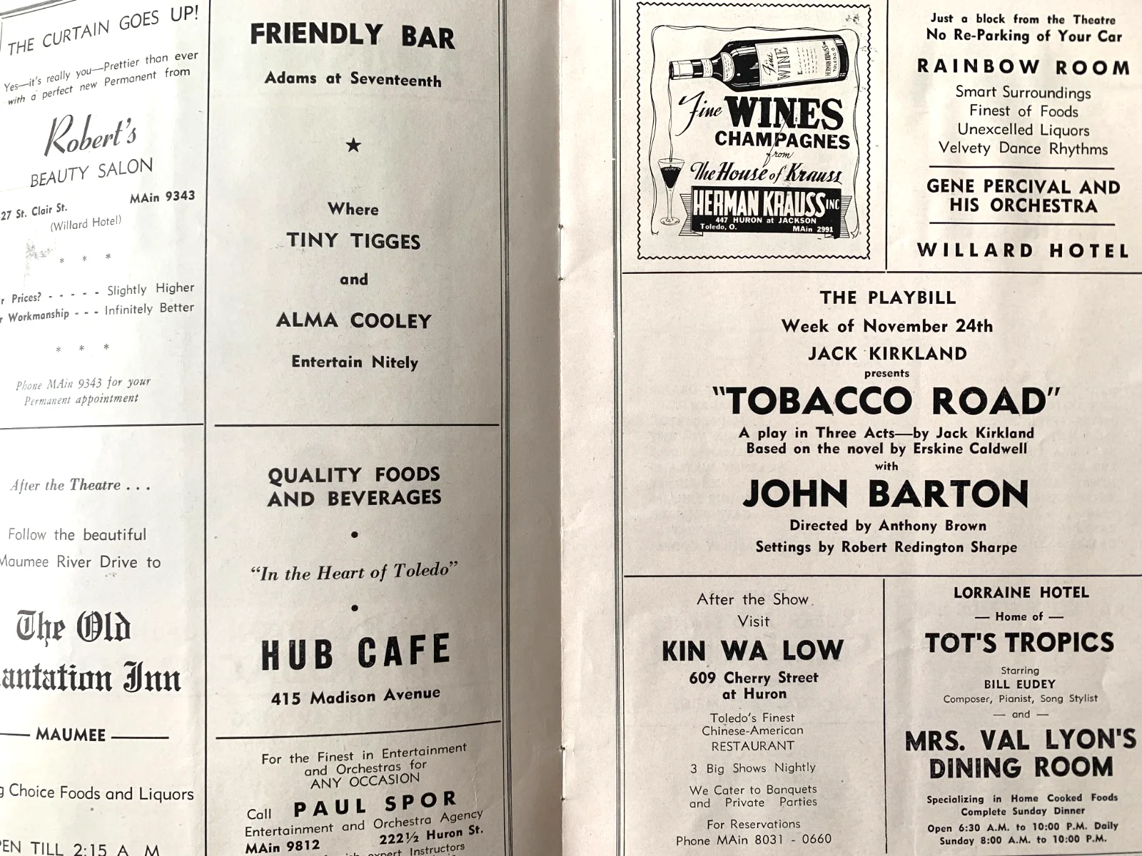1946 JEETER LESTER TOBACCO ROAD TOLEDO COMMODORE PERRY HOTEL PROGRAM TICKETS F35, изображение 2