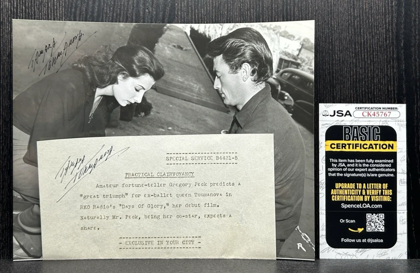 Tamara Toumanova — TAMARA TOUMANOVA SIGNED 1944 PHOTO & DOCUMENT Autographs JSA COA w/ Gregory Peck