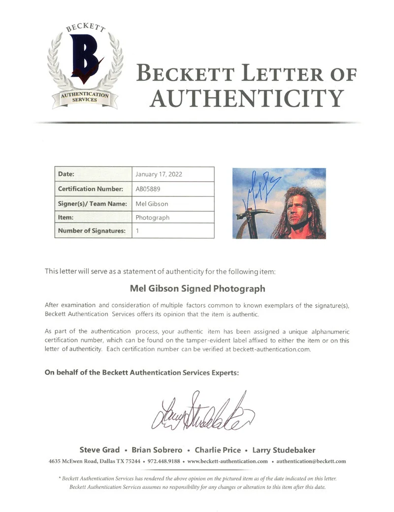 MEL GIBSON SIGNED AUTOGRAPHED 11x14 PHOTO WILLIAM WALLACE BRAVEHEART BECKETT BAS, image 3