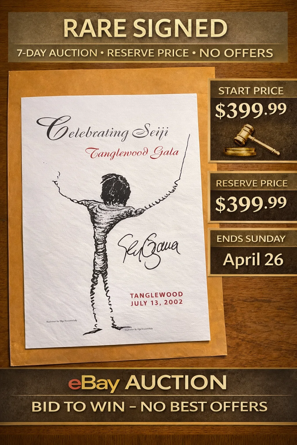 RARE SIGNED Seiji Ozawa 2002 Tanglewood Gala Print BSO Benefactor Gift Autograph, image 5