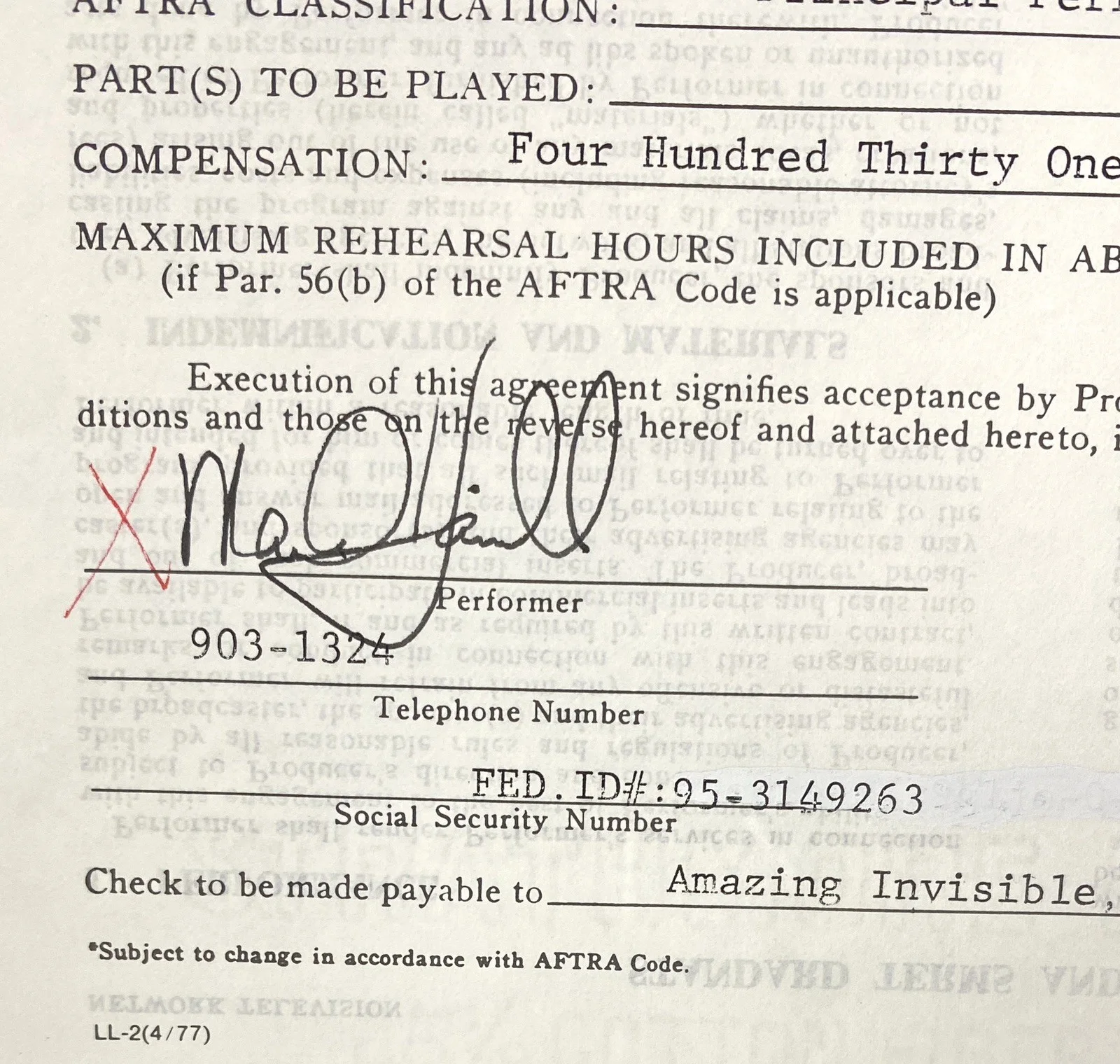 Mark Hamill Signed 1983 NBC "Late Night" Contract - Star Wars - PSA 10!, image 2