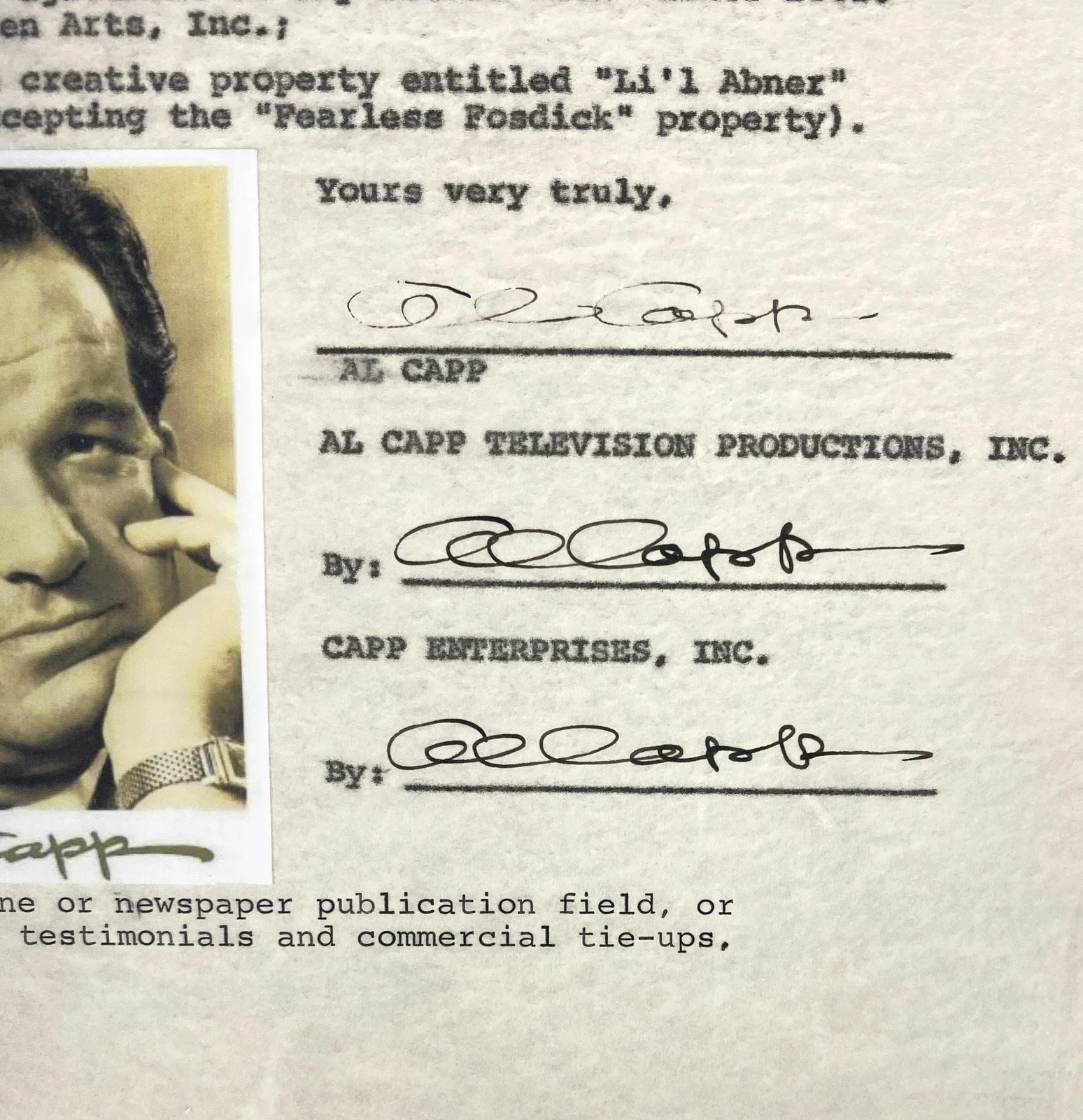 Al Capp Triple Signed 1968 William Morris Agency Document "Li’l Abner" - PSA, изображение 2