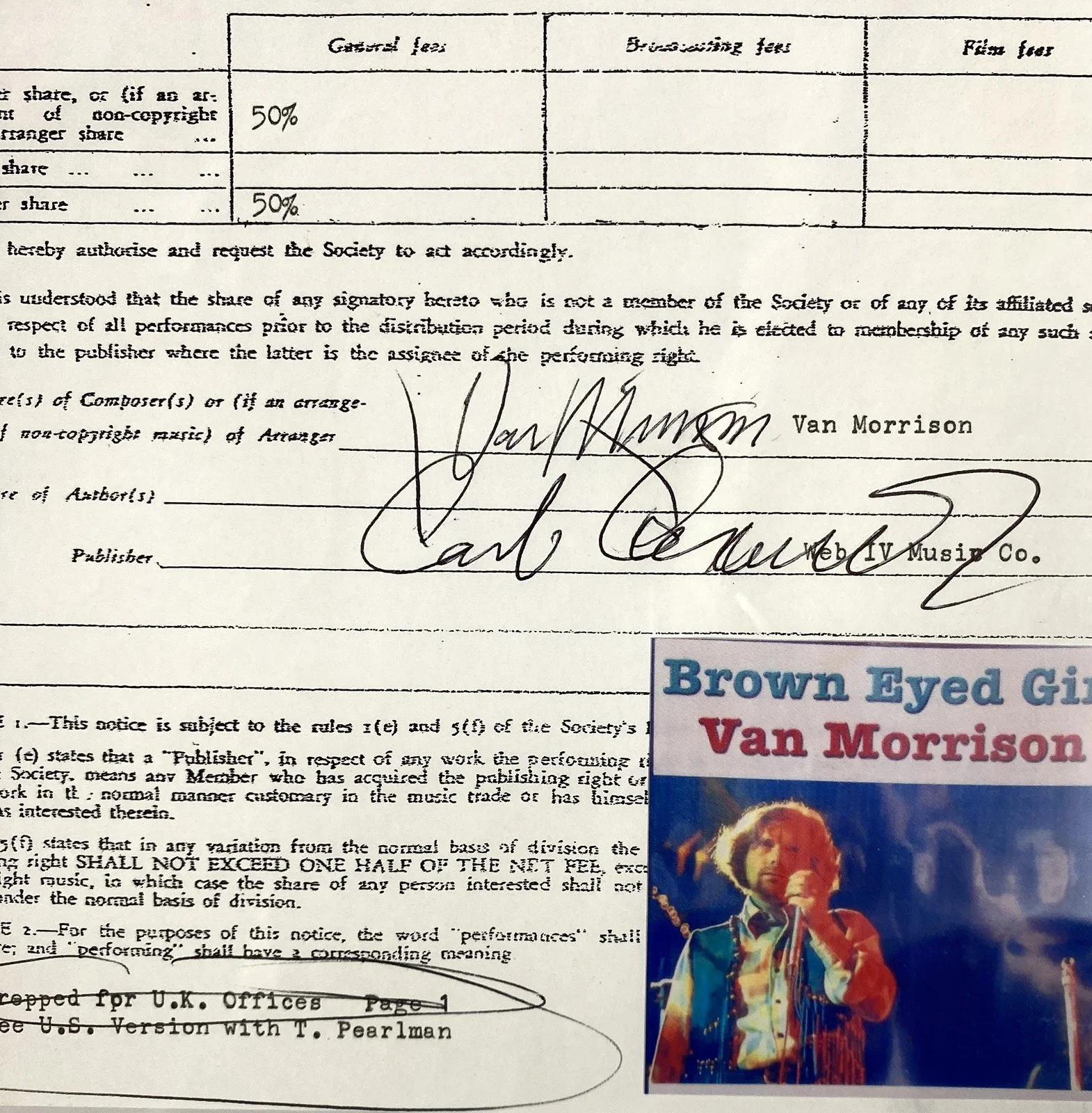 Van Morrison Signed Historic "Brown Eyed Girl" 1967 Contract - PSA, image 2