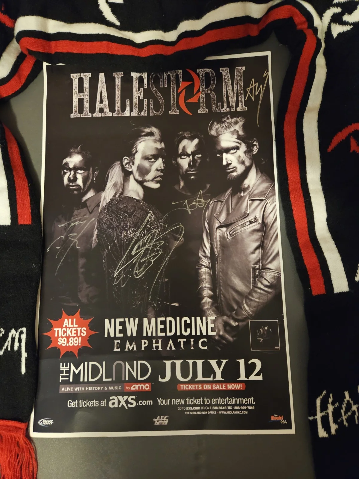 Halestorm 2012 KCMO Signed Promo Poster All Band And VIP Scarf, изображение 5