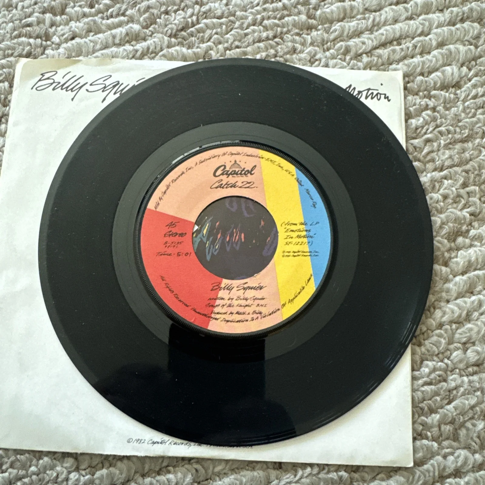 Billy Squire Emotions In Motion Signed 7" 45 Vinyl Record Autograph, image 4