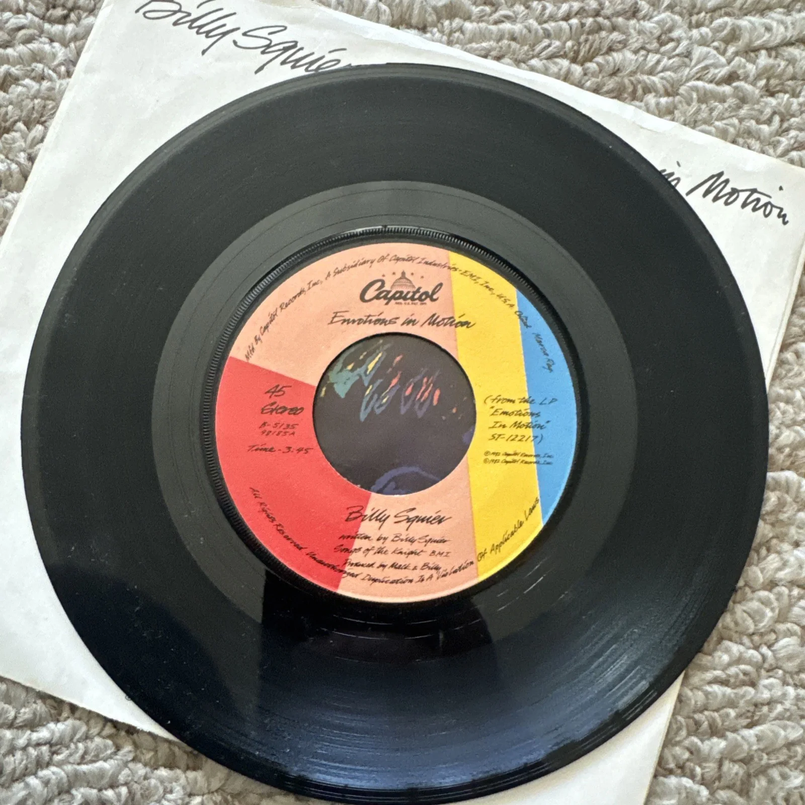 Billy Squire Emotions In Motion Signed 7" 45 Vinyl Record Autograph, image 5