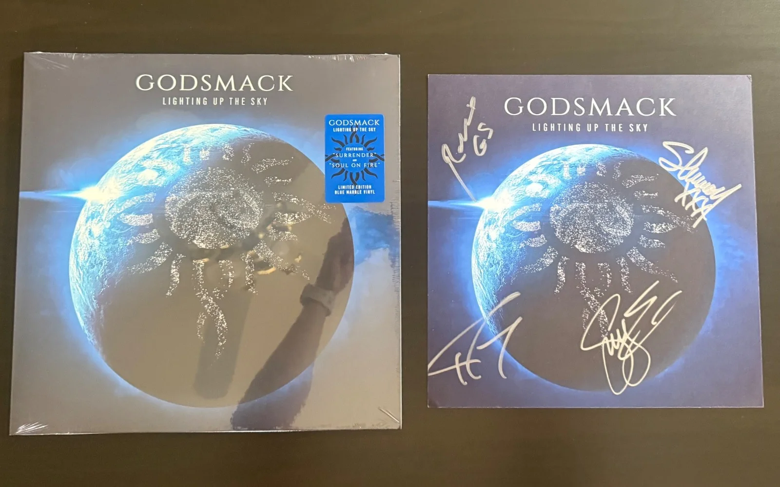 GODSMACK - Lighting Up The Sky Blue Marble LP + signed 11”x11” Album Flat, image 2