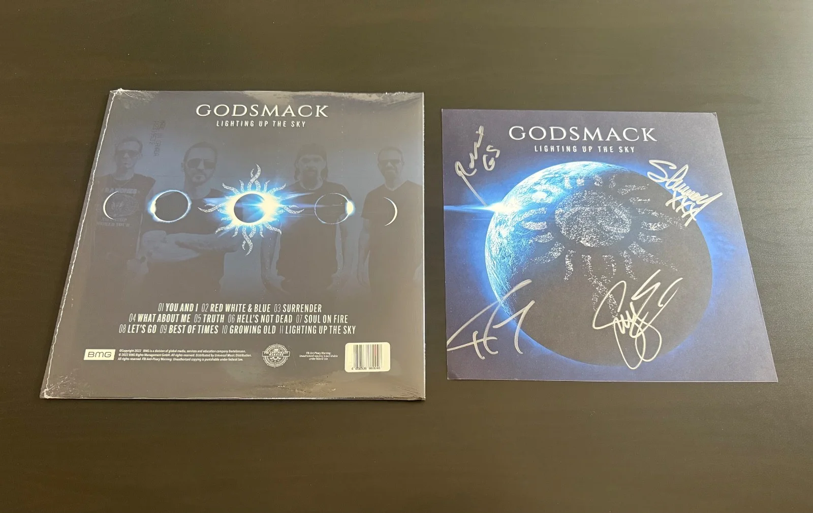 GODSMACK - Lighting Up The Sky Blue Marble LP + signed 11”x11” Album Flat, image 3