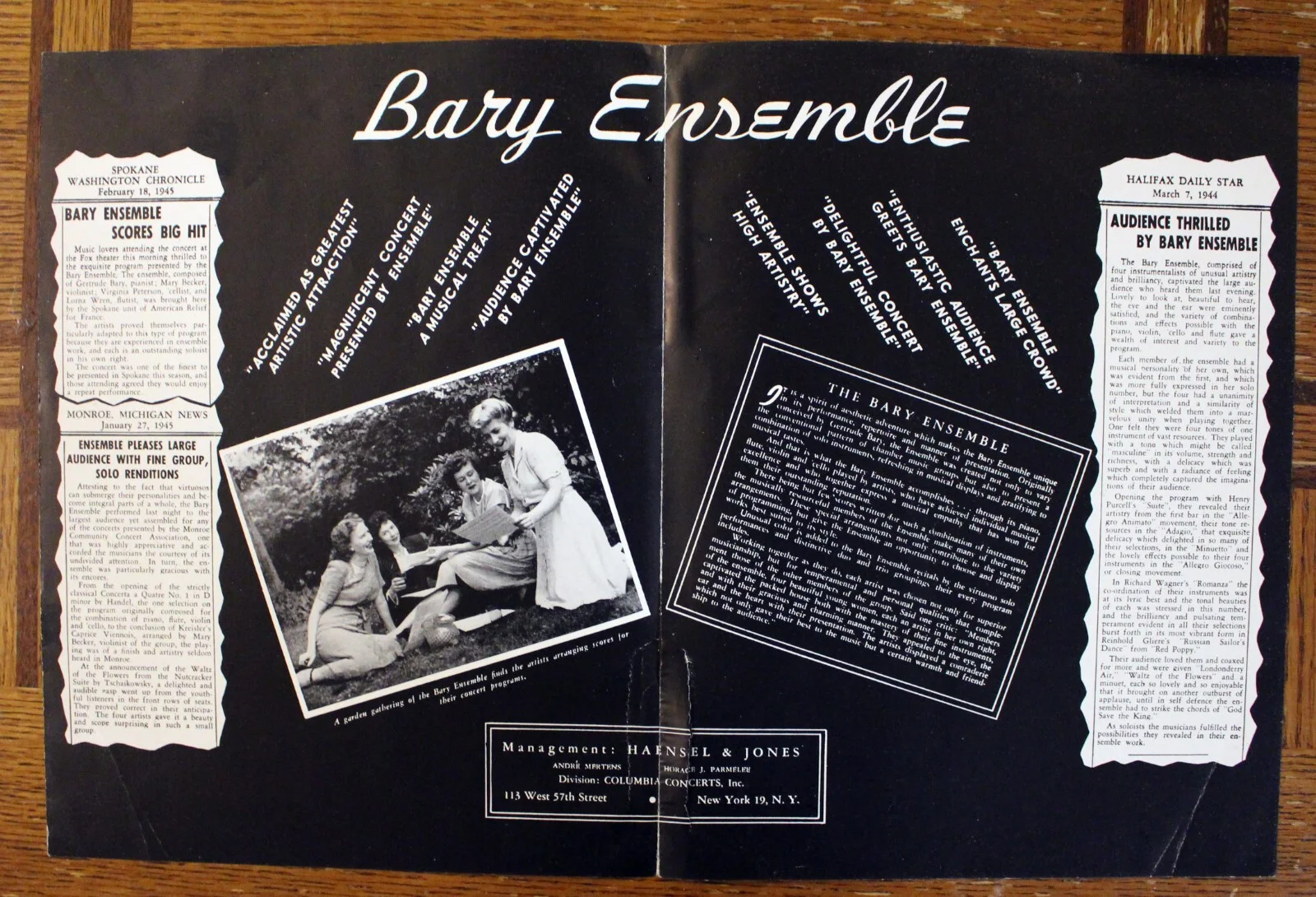 Mary Becker, Gertrude Bary, Lorna Wren — Rare 'The Bary Ensemble' Folder, Program & Photo - Autographed - Classical- 1947, image 2