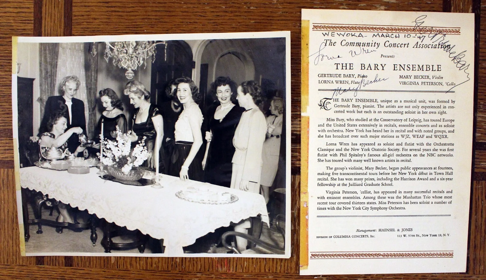 Mary Becker, Gertrude Bary, Lorna Wren — Rare 'The Bary Ensemble' Folder, Program & Photo - Autographed - Classical- 1947, image 3