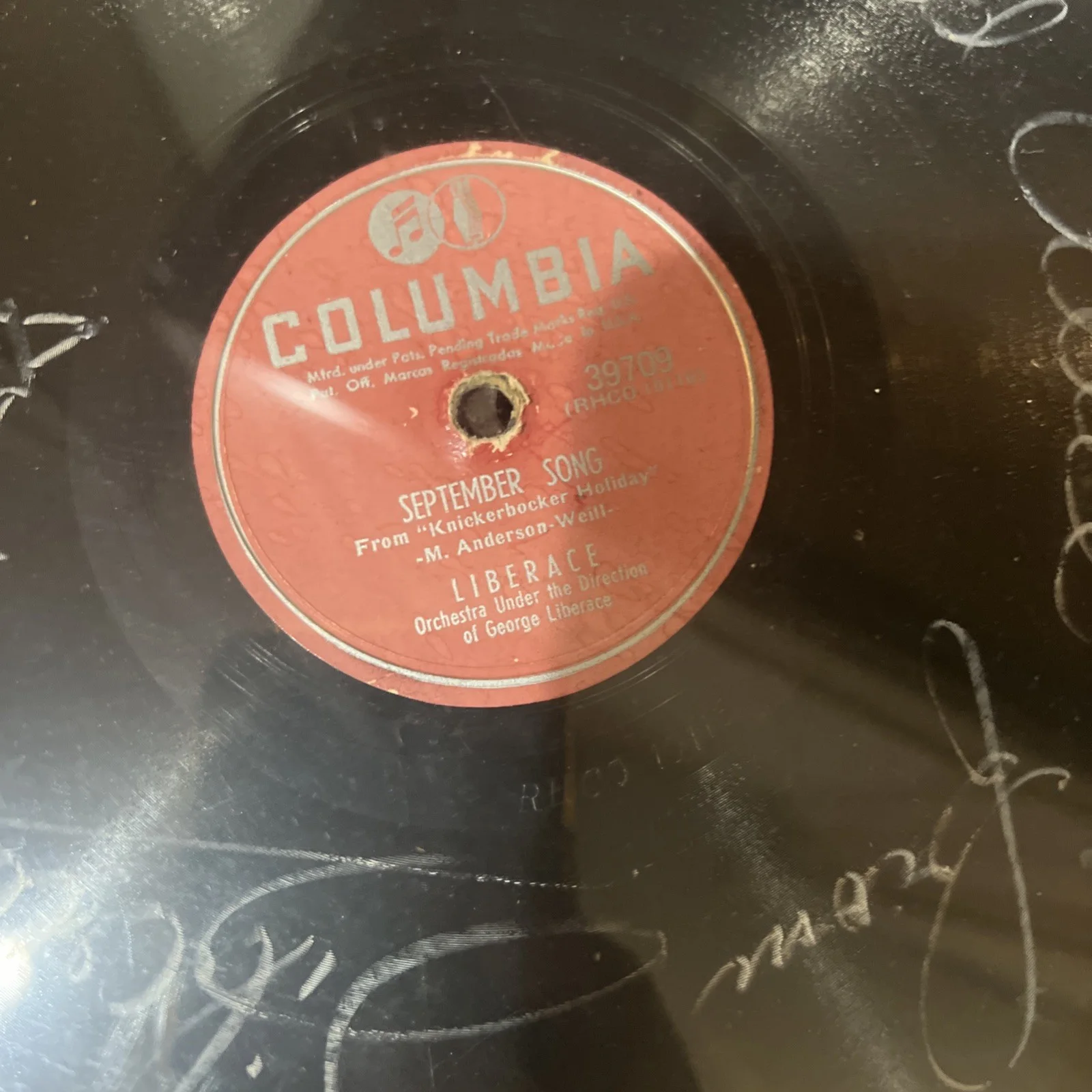 Liberace Signed Autographed 10” Record “I Want My Mama / September Song” 1952, image 2