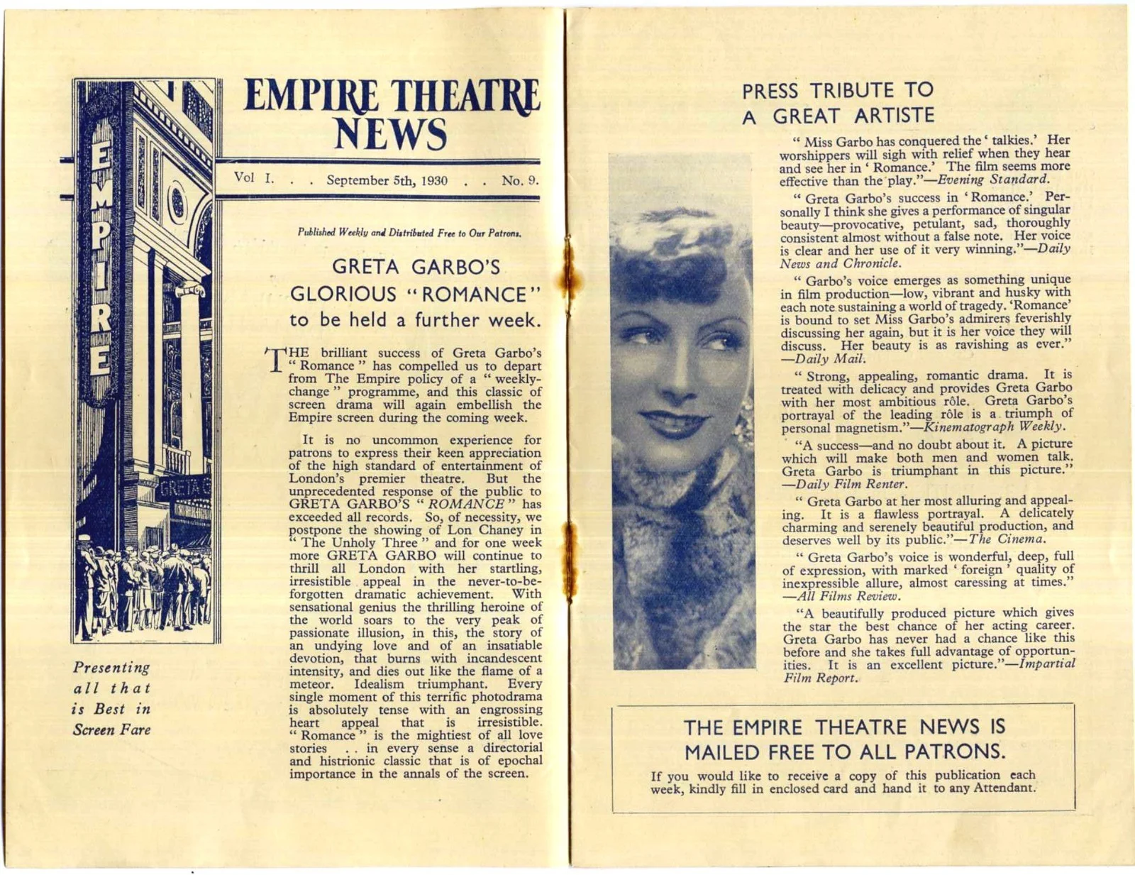 ROMANCE 1930 Greta Garbo, Lewis Stone UK PROGRAMME, image 2