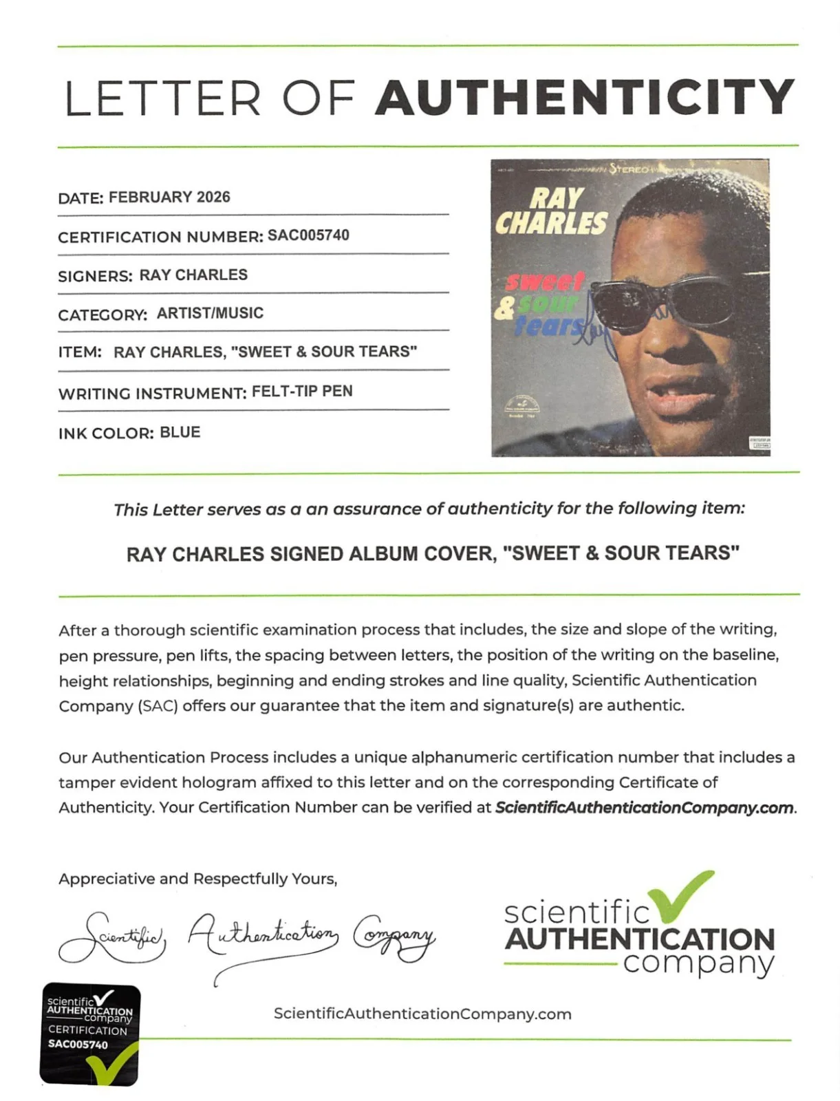 Ray Charles Signed Album Sweet & Sour Tears, изображение 2