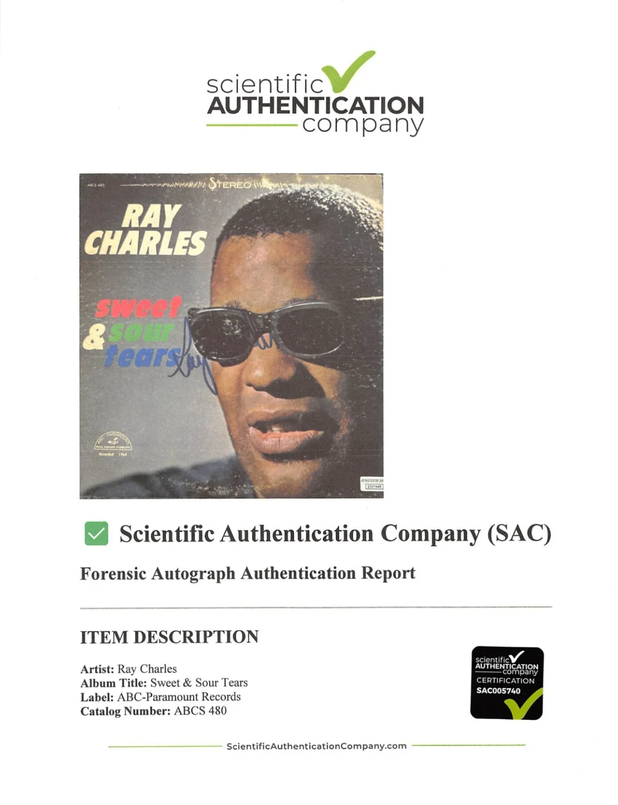 Ray Charles Signed Album Sweet & Sour Tears, изображение 3