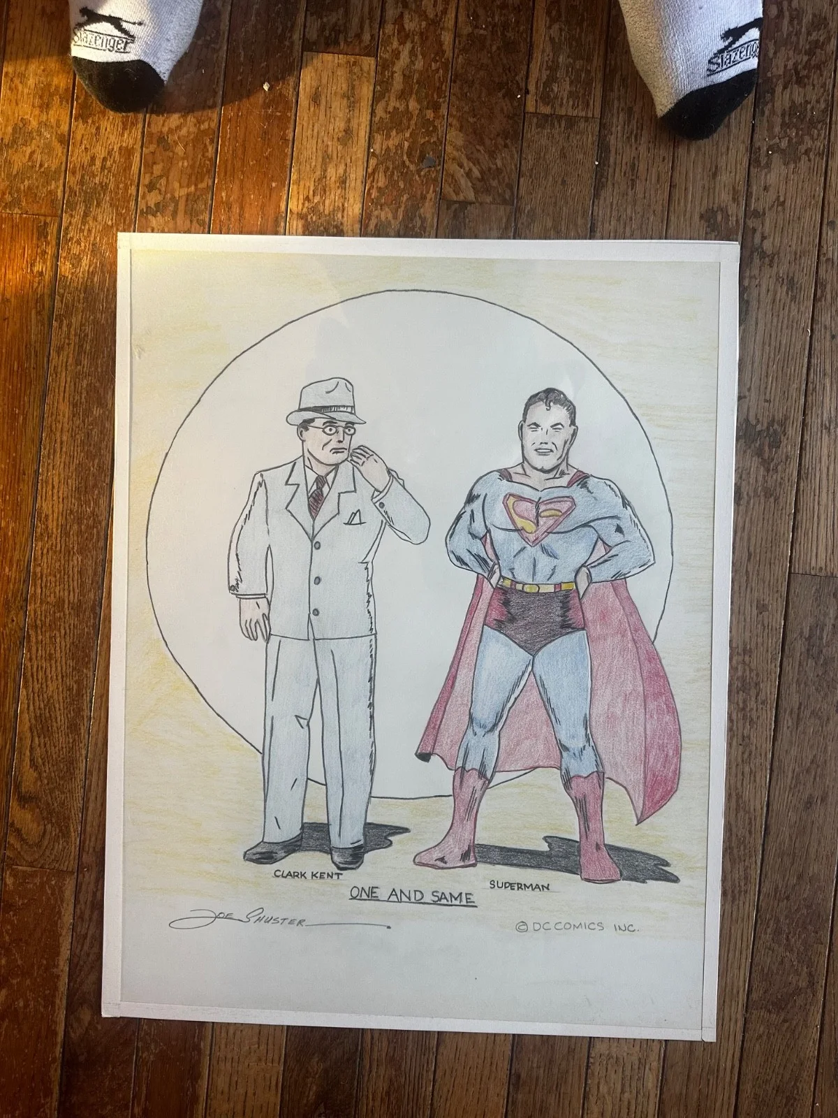 Joe Shuster — JOE SHUSTER ORIGINAL SUPERMAN & CLARK KENT DRAWING c.1985 SIGNED, ONE OF A KIND, image 2