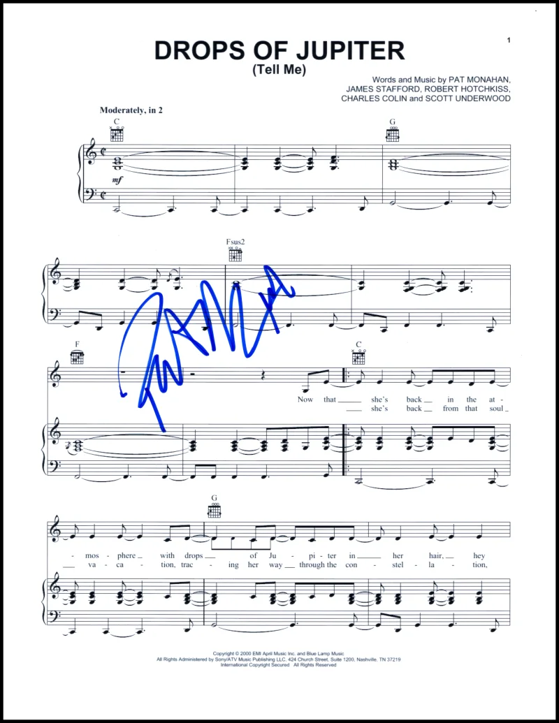 Pat Monahan — Pat Monahan Train Signed Autograph Drops of Jupiter (Tell Me) Sheet Music